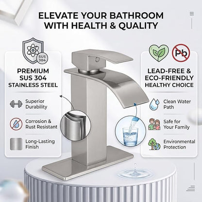 VOTON Waterfall Bathroom Faucet, Brushed Nickel 1-Hole with Deck & Drain | | SUS304 Stainless Steel | Rust-Resistant | Waterfall Flow