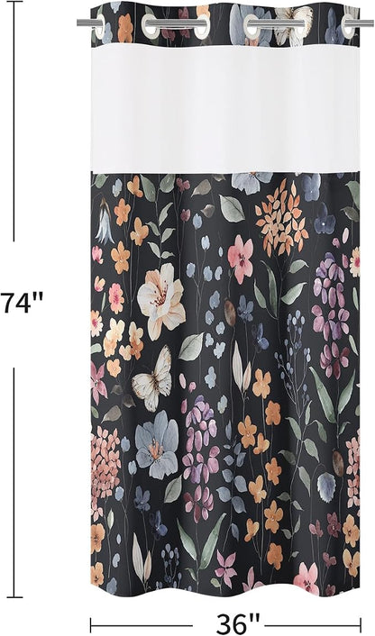 Litabel No Hook Black Watercolor Floral Shower Curtain and Liner Set, 36x74 | Flower Shower Curtains with Snap-in Liner for Farmhouse Bathroom Decor, Botanical Bathroom Curtain with Leaves