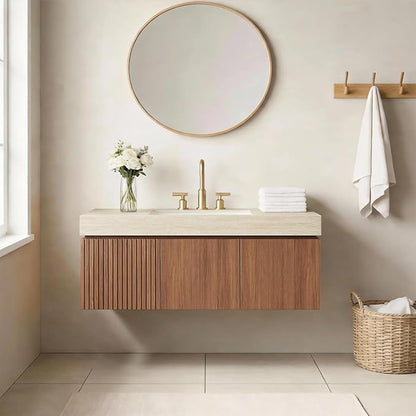 48" Floating Bathroom Vanity with Sink, Bathroom Stroage Vanities with Drawer and 2 Doors, Roma Travertine-Pattern Countertop and 3 Pre-drilled Faucet Holes Ceramic Basin, Pre-Assembled, Dark Oak