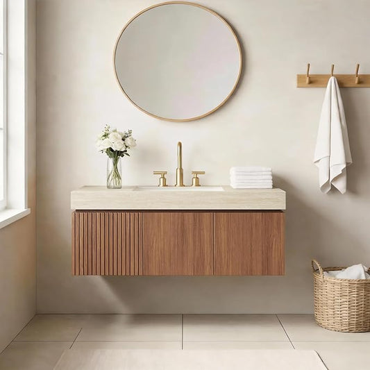 48" Floating Bathroom Vanity with Sink, Bathroom Stroage Vanities with Drawer and 2 Doors, Roma Travertine-Pattern Countertop and 3 Pre-drilled Faucet Holes Ceramic Basin, Pre-Assembled, Dark Oak