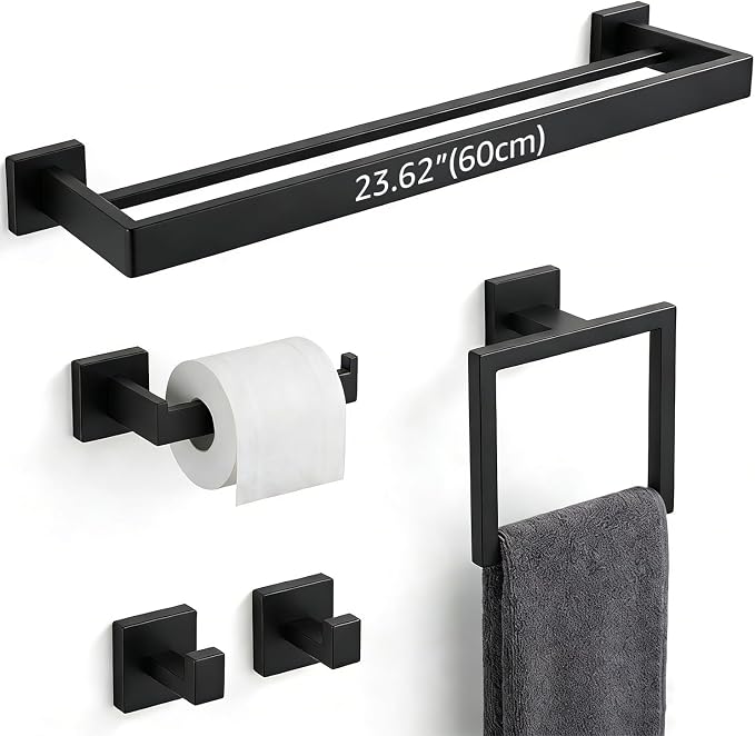 5-Piece Bathroom Hardware Set, 23.6" Double Towel Bar & Wall Mounted Bathroom Accessories, SUS304 Stainless Steel Solid Metal Construction, Modern Square Design for Contemporary Bathrooms, Matte Black