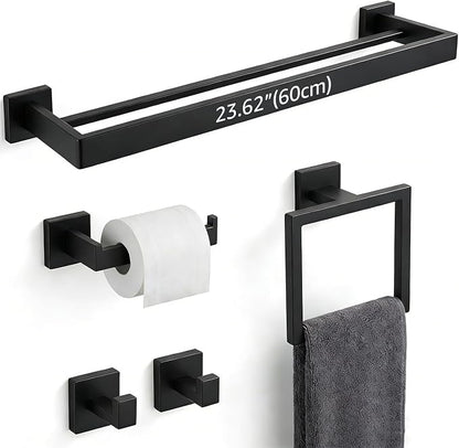 5-Piece Bathroom Hardware Set, 23.6" Double Towel Bar & Wall Mounted Bathroom Accessories, SUS304 Stainless Steel Solid Metal Construction, Modern Square Design for Contemporary Bathrooms, Matte Black