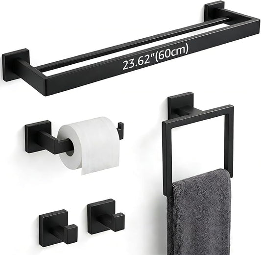 5-Piece Bathroom Hardware Set, 23.6" Double Towel Bar & Wall Mounted Bathroom Accessories, SUS304 Stainless Steel Solid Metal Construction, Modern Square Design for Contemporary Bathrooms, Matte Black