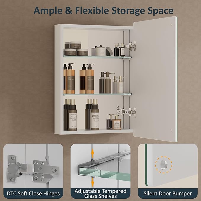 24x30 Inch Medicine Cabinet with Mirror, Recessed or Surface Mounted Bathroom Cabinets for Storage, 2 Fully Adjustable Tempered Glass Shelves, Soft-close DTC Hinges, HD Reflection Mirror Door, White