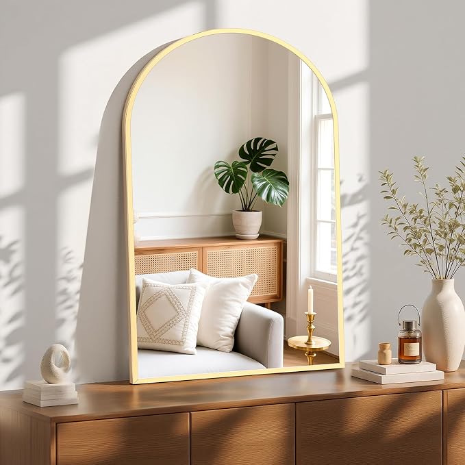 Sweetcrispy 26"x38" Arched Bathroom Mirror, Bathroom Mirrors for Over Sink | Modern Wall Mirrors Arch Decorative for Entryway, Bedroom, Vanity,Horizontal or Vertical Hanging, Gold