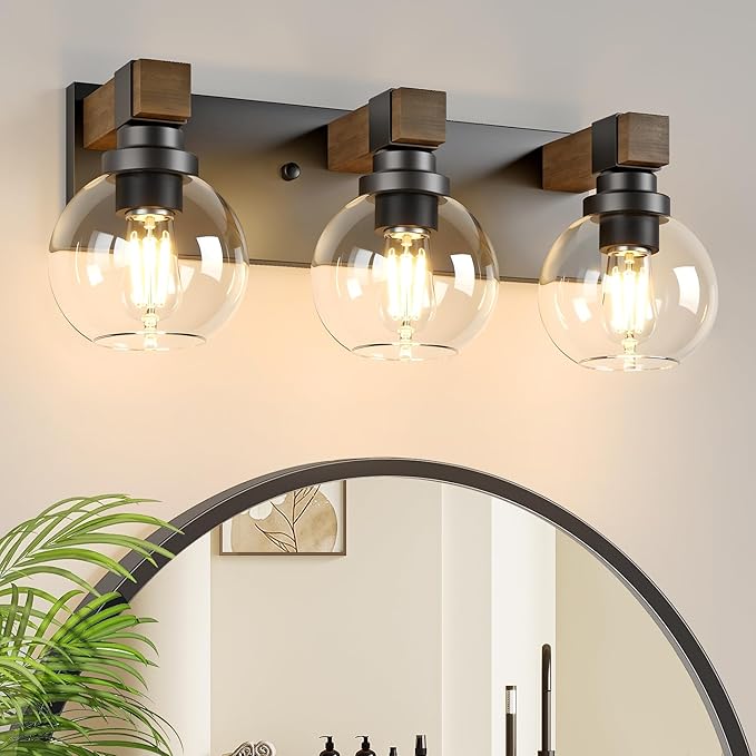 LmnLvn Farmhouse 3-Light Bathroom Vanity Light, Wood & Metal Glass Shade | Black Rustic Mount Fixture Over Mirror, Easy To Install, for Bathroom, Bedroom, Hallway & Living Room