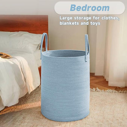 JMvicyroam 60L Cotton Rope Laundry Basket Hamper, Blue | Collapsible laundry basket, reinforced handles, freestanding, machine washable, holds 3-5 thick blankets, clothes or toys