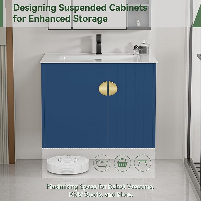 24" Bathroom Vanities Cabinet with Sink Combo, Wall Mounted Floating Storage Cabinet Modern with Ceramic Sink,Soft-Close System, 2 Doors & Metal Handles, Blue