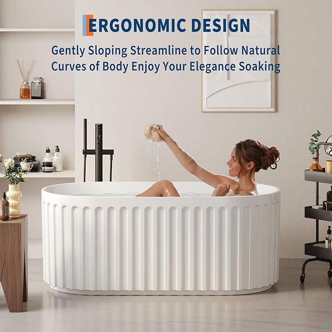 59" Freestanding Bathtub, Acrylic Soaking Tub with V Shape Pleated Design, Chrome Drain & Classic Slotted Overflow, CUPC Certified, Gloss White for Modern Bathroom