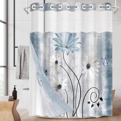 No Hook Shower Curtain with Snap in Liner 71x74 Inch Daisy Blue | Farmhouse Butterfly Wooden Modern Double Layers Waterproof Fabric with See Through Top Window Open Grommet Bath Curtain
