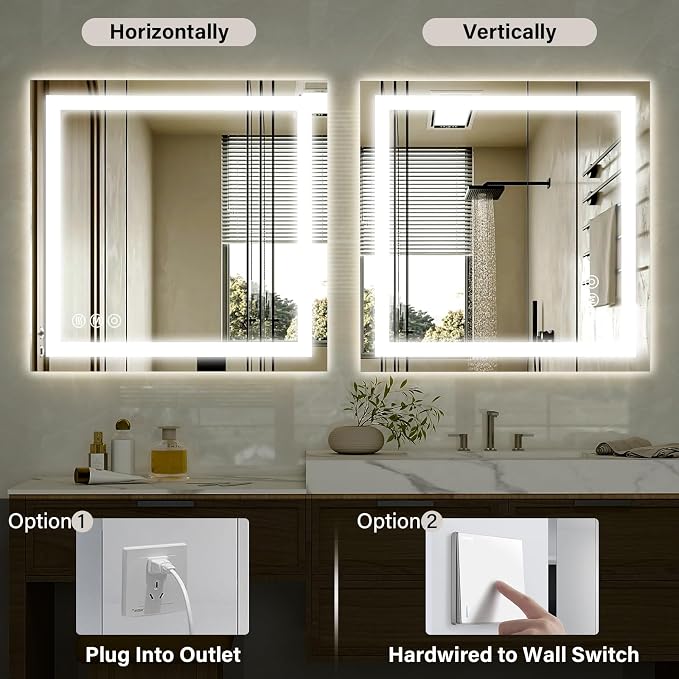 XRAMFY 40"X40" LED Bathroom Mirror, Backlit + Front Lit Wall Mirror | LED Bathroom Mirror with Lights for Wall, 3 Colors, Anti-Fog, Dimmable Brightness, Tempered Glass
