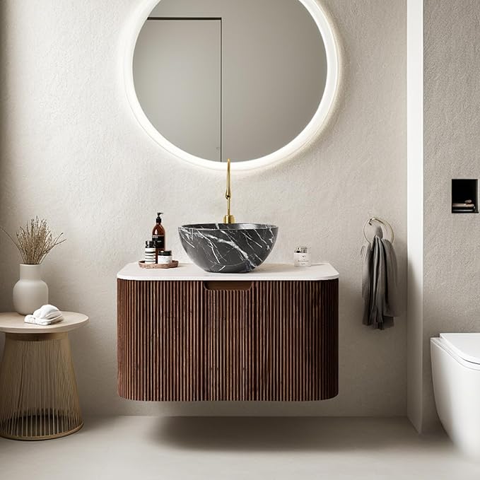 24" Floating Bathroom Vanity with Sink, Modern Wall-Mounted Bathroom Cabinet with Ultra-Thin Ceramic Black Basin and Marble Top, Extra Large Storage Drawer, Soft-Close Design, Dark Walnut