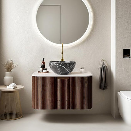 24" Floating Bathroom Vanity with Sink, Modern Wall-Mounted Bathroom Cabinet with Ultra-Thin Ceramic Black Basin and Marble Top, Extra Large Storage Drawer, Soft-Close Design, Dark Walnut