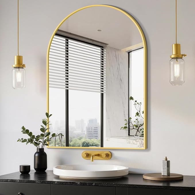 Arched Bathroom Mirror, 26"x38", Gold | Wall Mounted, Vanity Mirror, For Bedroom, Living Room and Entryway