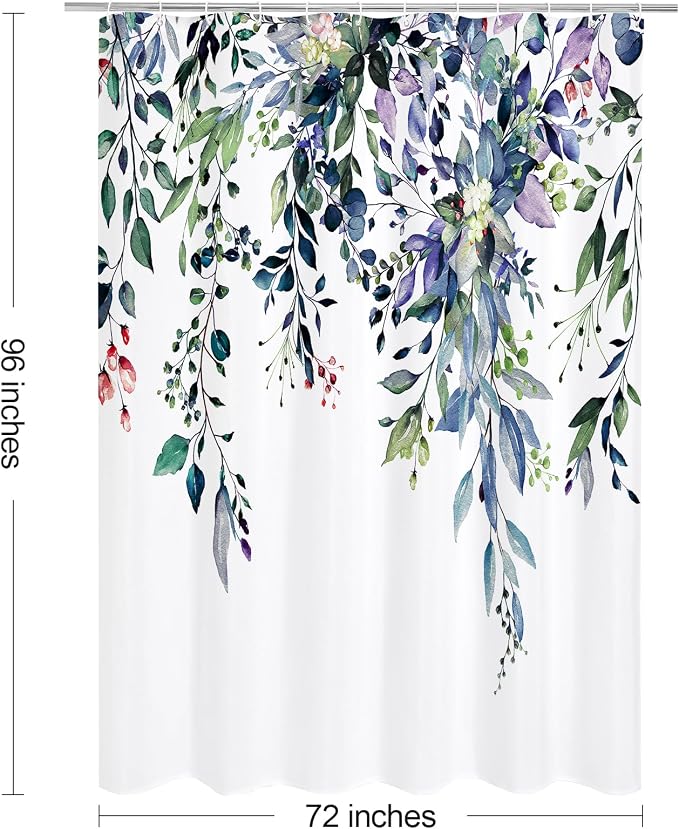 Green Eucalyptus Shower Curtain, Watercolor Floral Print, 72x96 | Watercolor Plant Leaves Floral Print, Extra Long Waterproof Fabric Bathroom Decor, Machine Washable, Rustproof Grommets