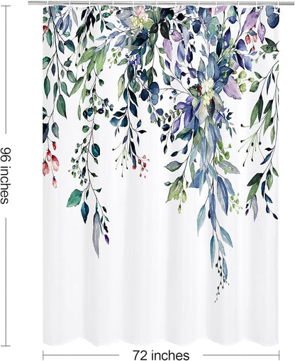 Green Eucalyptus Shower Curtain, Watercolor Floral Print, 72x96 | Watercolor Plant Leaves Floral Print, Extra Long Waterproof Fabric Bathroom Decor, Machine Washable, Rustproof Grommets
