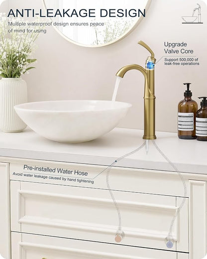 Gold Vessel Sink Faucet, Brass Tall Bathroom Sink Faucet One Hole with 1 Handle, Pop Up Drain, cUPC Supply Hoses & Aerator for Above Counter Basin, Arched Spout Design, 5 Mins Quick Installation