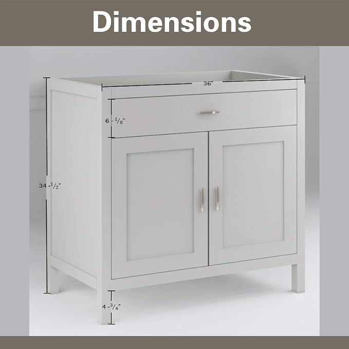 36" Light Grey Bathroom Vanity Base Only – Freestanding Solid Wood Sink Cabinet with Tip-Out Drawer, Shaker Style Storage, No Top or Sink, 36" W x 21" D x 34.5" H