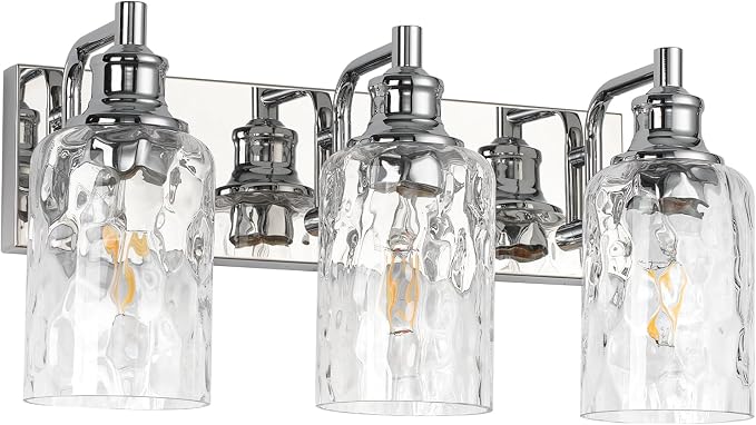 Bathroom Light Fixtures Over Mirror, 3 Lights Vanity Lights with Hammered Glass Shade, 17.8" Chrome Farmhouse Bathroom Light Fixtures for Bedroom, Porch, Hotel, Mirror Cabinet