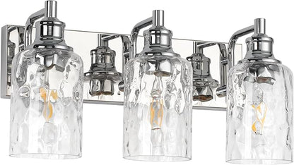 Bathroom Light Fixtures Over Mirror, 3 Lights Vanity Lights with Hammered Glass Shade, 17.8" Chrome Farmhouse Bathroom Light Fixtures for Bedroom, Porch, Hotel, Mirror Cabinet
