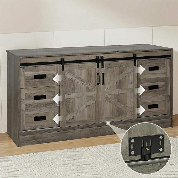60" Barn Door Bathroom Vanity with 6 Drawers and Two Doors, Farmhouse Style Standing Pedestal Cabinet with Two White Ceramic Boat Sink with Black Trim