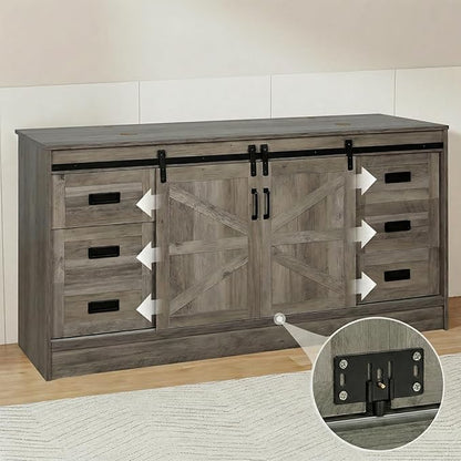 60" Barn Door Bathroom Vanity with 6 Drawers and Two Doors, Farmhouse Style Standing Pedestal Cabinet with Two White Ceramic Boat Sink with Black Trim