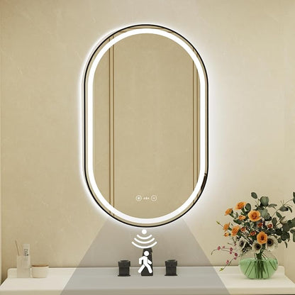 24x40 Inch Oval Black Framed LED Bathroom Mirror with Lights,Smart Bathroom Mirror,Motion Sensor,Tempered Glass,Anti-Fog,Stepless Dimmable & 3 Colors,Memory,Vanity Mirror for Wall