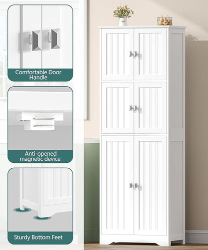 63" H Tall Bathroom Storage Cabinet, Linen Floor Cabinet with 6 Doors and Adjustable Shelves, Pantry Storage Cabinet for Bathroom, Living Room, Laundry Room, Kitchen, White