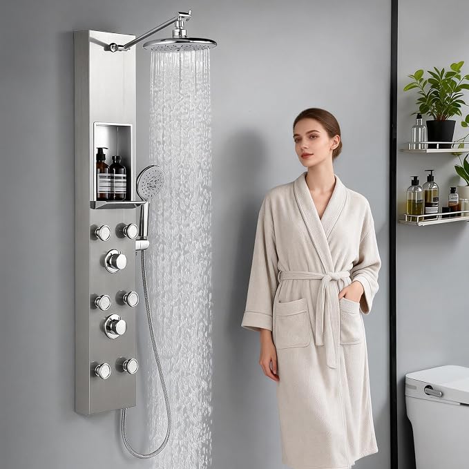 ROVATE Shower Panel Tower System with Shelf & 6 Body Jets, Brushed Finish | Stainless Steel Shower Column with Height Adjustable Shower Arm, Self-Cleaning Rainfall Showerhead & Handheld