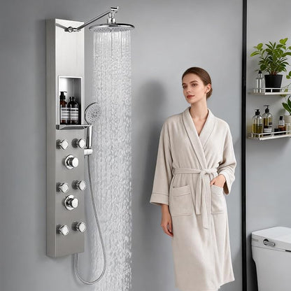 ROVATE Shower Panel Tower System with Shelf & 6 Body Jets, Brushed Finish | Stainless Steel Shower Column with Height Adjustable Shower Arm, Self-Cleaning Rainfall Showerhead & Handheld