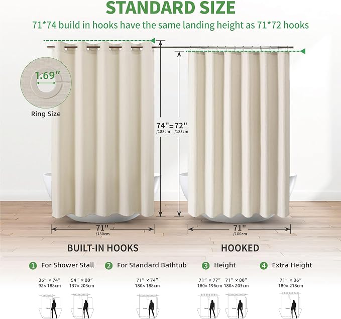 Stall No Hooks & No Liner Needed Fabric Shower Curtain,54"Wx80"L,Cream | Linen Texture,100% Waterproof TPU Laminated Layer,Bottom Magnets,Machine Washable,Hotel Style Bathroom Curtain For Shower,Tub