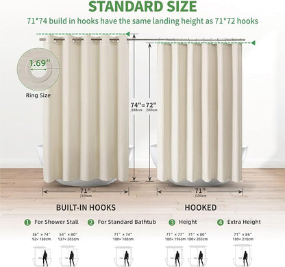 Long No Hooks & No Liner Needed Fabric Shower Curtain,71"Wx77"L,Cream | Linen Texture,100% Waterproof TPU Laminated Layer,Bottom Magnets,Machine Washable,Hotel Style Bathroom Curtain For Shower,Tub