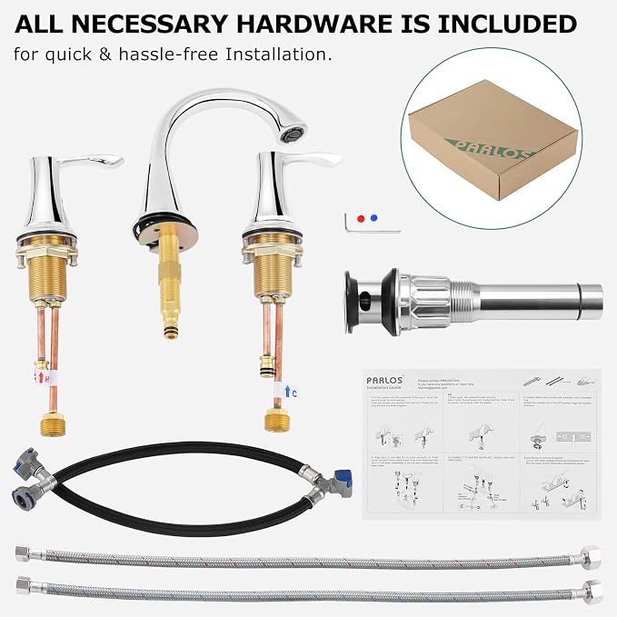 Bathroom Sink Faucet 8 Inch Widespread for Vanity, Chrome | Mid Arc Brass Spout, 2 Handle Lead-Free Bathroom Faucet with Metal Pop Up Drain Supply Lines for 3 Hole Lavatory Utility Sink