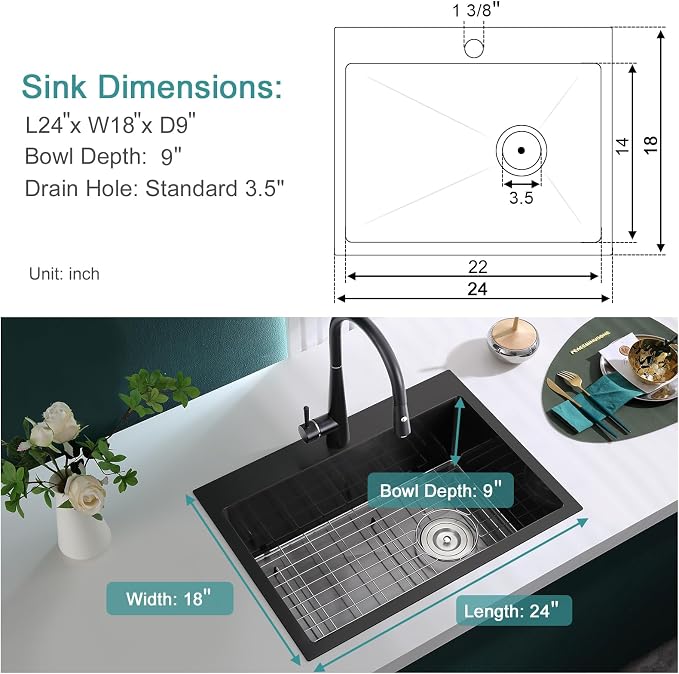 Black Topmount Kitchen Sink - 24”×18” Single Bowl Sink, Sink Grid | 9 Inch Deep Handmade Bar Sink with Strainer, Stainless Steel 304, Right Side Drain, X-Groove Drainage, Sound-Dampening Pad