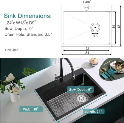 Black Topmount Kitchen Sink - 24”×18” Single Bowl Sink, Sink Grid | 9 Inch Deep Handmade Bar Sink with Strainer, Stainless Steel 304, Right Side Drain, X-Groove Drainage, Sound-Dampening Pad