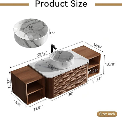54 Inch Modern Bathroom Vanity with Ceramic Sink, Floating Bathroom Sink Cabinet with Sintered Stone Top&Solid Wood Hammered Frame, Single Bathroom Vanities w/Soft-Close Drawer&2 Side Open Cube