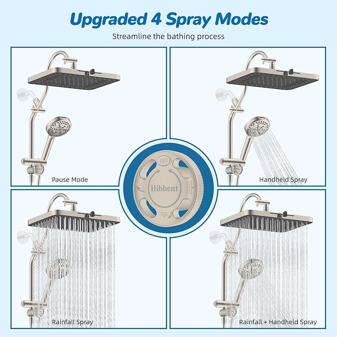 Hibbent cUPC Certified High Pressue 13'' Rainfall Shower Head with 5-Spray | Shower Heads with Handheld 10-Spray Combo, All Metal Easy Reach 4-way Diverter Arm, 71'' Hose & Holder, Brushed Nickel