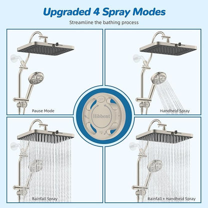 Hibbent cUPC Certified High Pressue 13'' Rainfall Shower Head with 5-Spray | Shower Heads with Handheld 10-Spray Combo, All Metal Easy Reach 4-way Diverter Arm, 71'' Hose & Holder, Brushed Nickel
