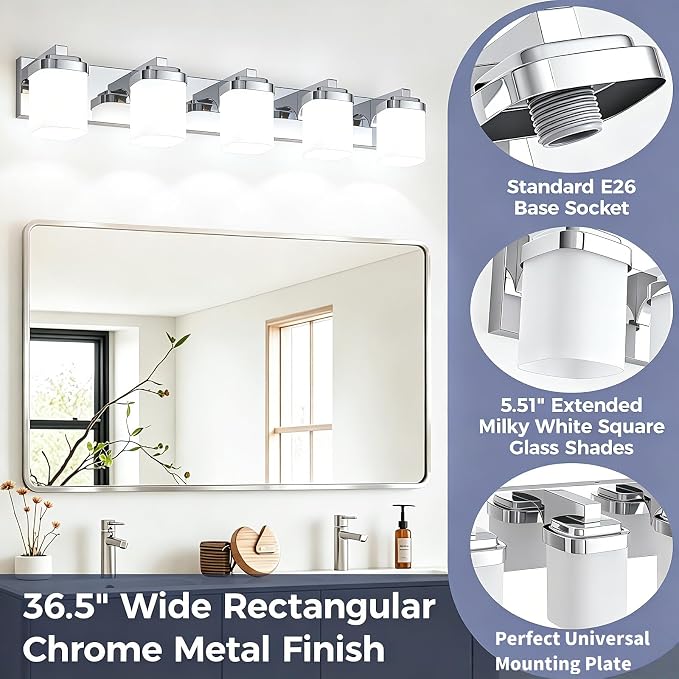 Vanity Lights for Bathroom, Farmhouse Bathroom Light Fixtures | 5-light chrome modern light fixture with milky white square glass shade, 36.5" modern bathroom lighting fixtures over mirror