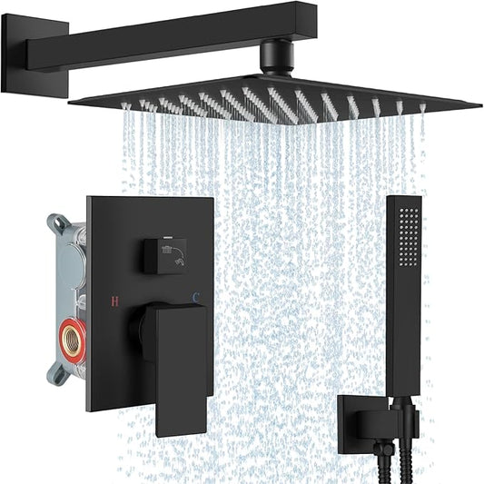 Midanya Shower Faucet Set,Wall Mount Shower System with Square Rain Shower Head and Hand Sprayer, Rough-in Valve Body and Trim Kit Included,12 Inch,Matte Black