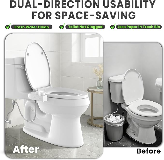 Toilet Bidet With Left/Right Side Reversible Design, Fresh Water, Non-Electric, Toilet Bidet Attachment, Right/Left Hand Side with Dual Nozzle, Self-Clean, Easy to Install (White Knob)