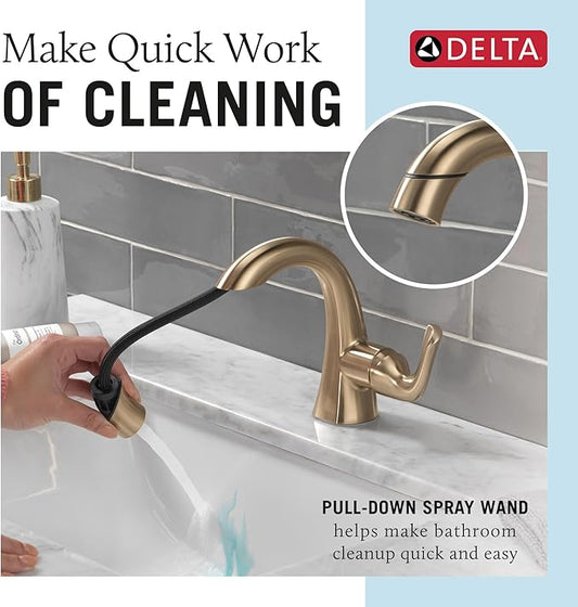 Delta Arvo 1 Hole Brushed Gold Bathroom Faucet with Sprayer, Single Hole Bathroom Sink Faucet with Pull Out Sprayer for Vanity, Push-Pop Drain, Champagne Bronze 15840LF-CZPD