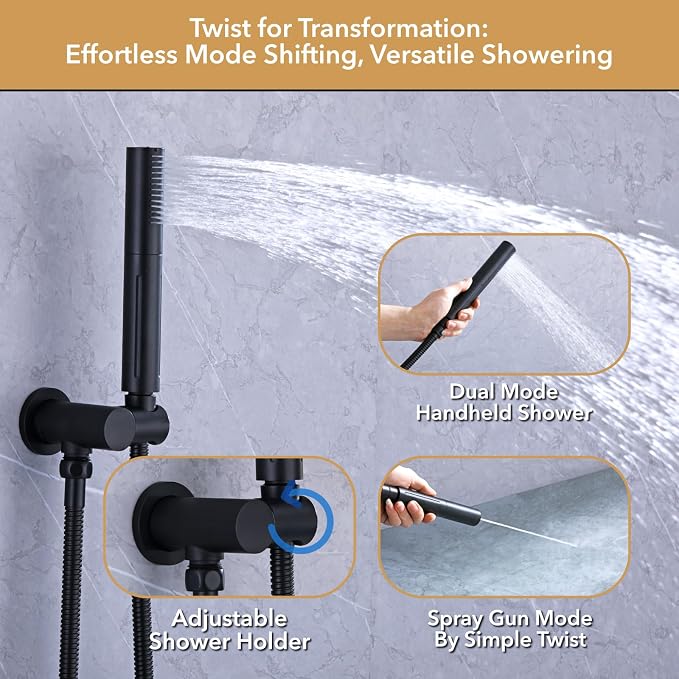VANFOXLE Shower Faucet Set Matte Black Shower System, Push Button Diverter | 8 Inch Wall Mount Head, 2-in-1 Handheld Sprayer, 9 Inch Bathtub Waterfall Spout, Solid Brass Valve, Rust Resistant