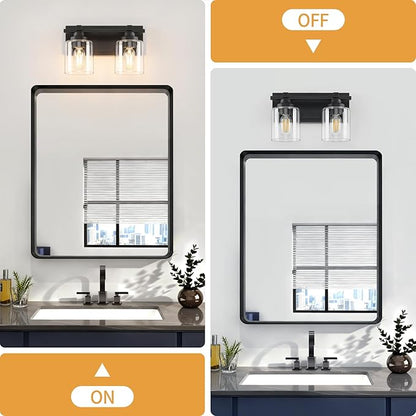 2 Light Modern Bathroom Light Fixtures Over Mirror, Black Vanity Lights for Bathroom Wall Sconces with Clear Glass Shades, E26 Socket (Bulbs Not Included)