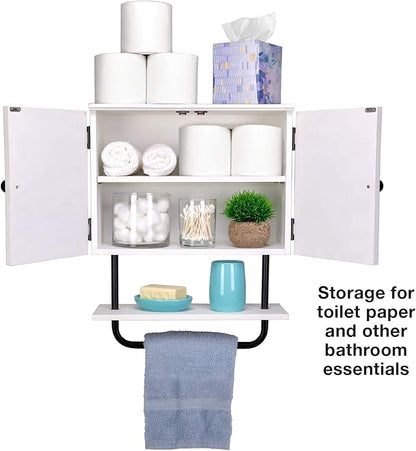 EXCELLO GLOBAL PRODUCTS 17x21” Barndoor Bathroom Wall Cabinet, Space Saver Storage Cabinet Kitchen Medicine Cabinet with Adjustable Shelf and Towel Bar, White