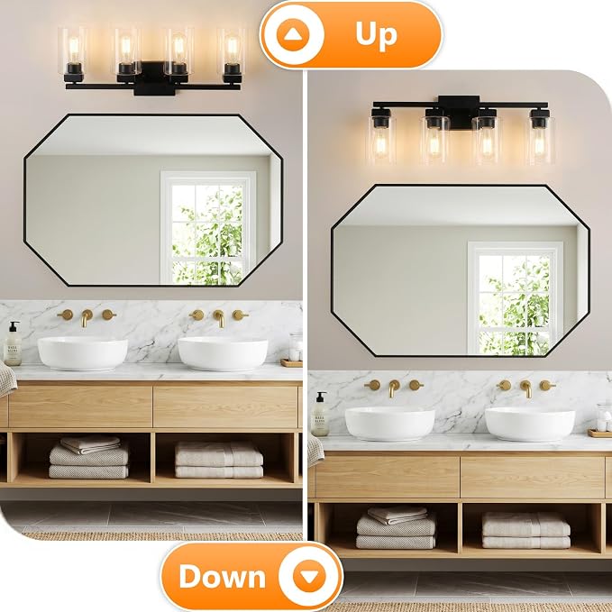 27” Bathroom Light Fixtures Over Mirror,4-Light Black Vanity Light | Square Clear Glass & Durable Metal, Quick & Easy Installation, Standard E26 Socket, Bright Bathroom Lighting
