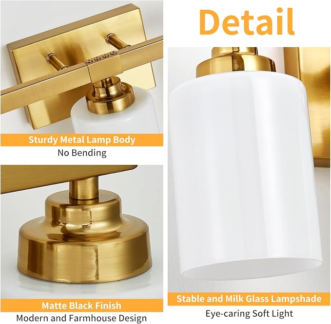 Bathroom Light Fixtures, Vanity Light Over Mirror Gold 5-Light Fixture | Modern bathroom vanity light fixture with metal frame, ideal for mirrors, bedrooms and hallways. Fits E26 bulbs.