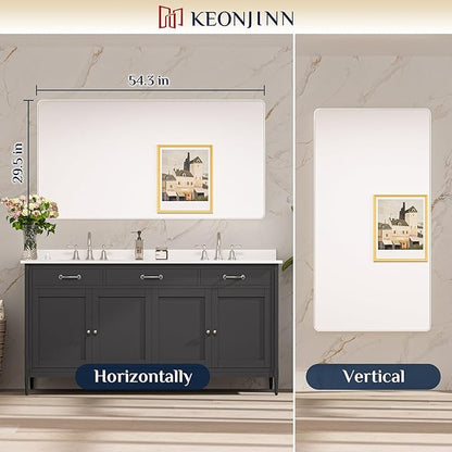 Keonjinn 55 x 30 Brushed Nickel Bathroom Vanity Mirror, Large Rounded Rectangle Bathroom Mirrors for over Sink, Metal Framed Silver Mirror for Wall, Shatterproof HD Tempered Glass(Horizontal/Vertical)