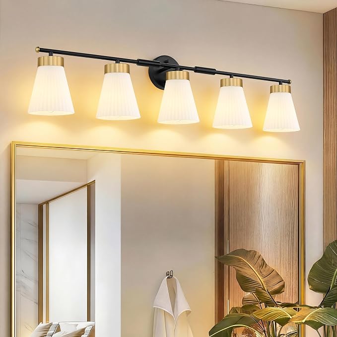 Bathroom Wall Sconces, HWH 5-Light Wall Mount Lighting Fixtures for Mirror, Modern Vanity Lights with Frosted Milk White Striped Glass, Black and Gold Finish, 5HZG97B-5W BK+BG