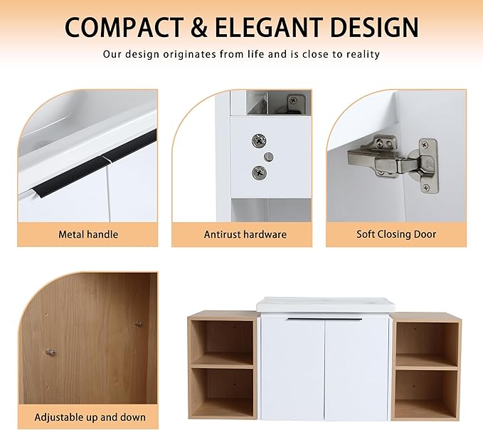48" Bathroom Vanity with Sink, 48 Inch Floating Bathroom Vanity, Modern Bathroom Vanity, White Wall Mounted Cabinet Set